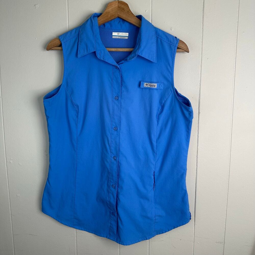 Columbia PFG Womens L Blue Crystal Springs Sleeveless Vented Fishing Shirt